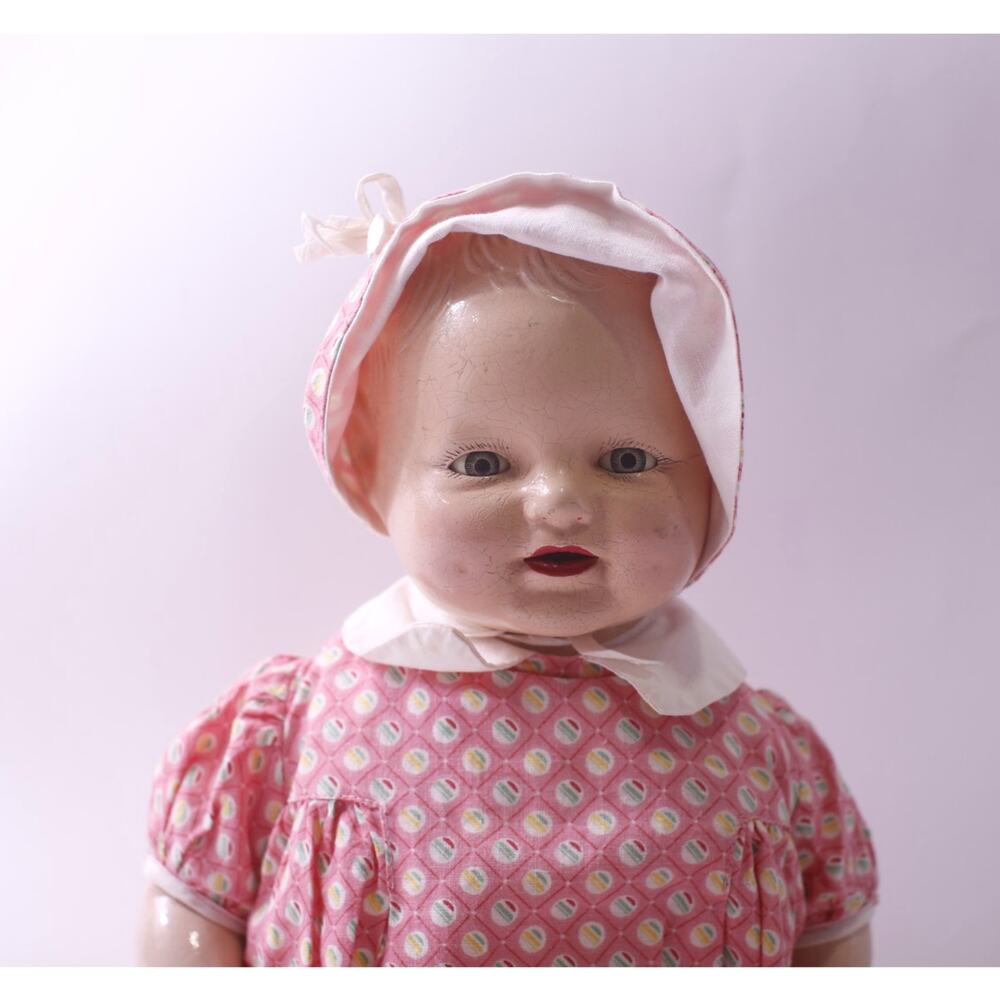 Baby Dimples, Horseman, Vintage, Composition Doll, Red Dress, Retro Toy, FLAW